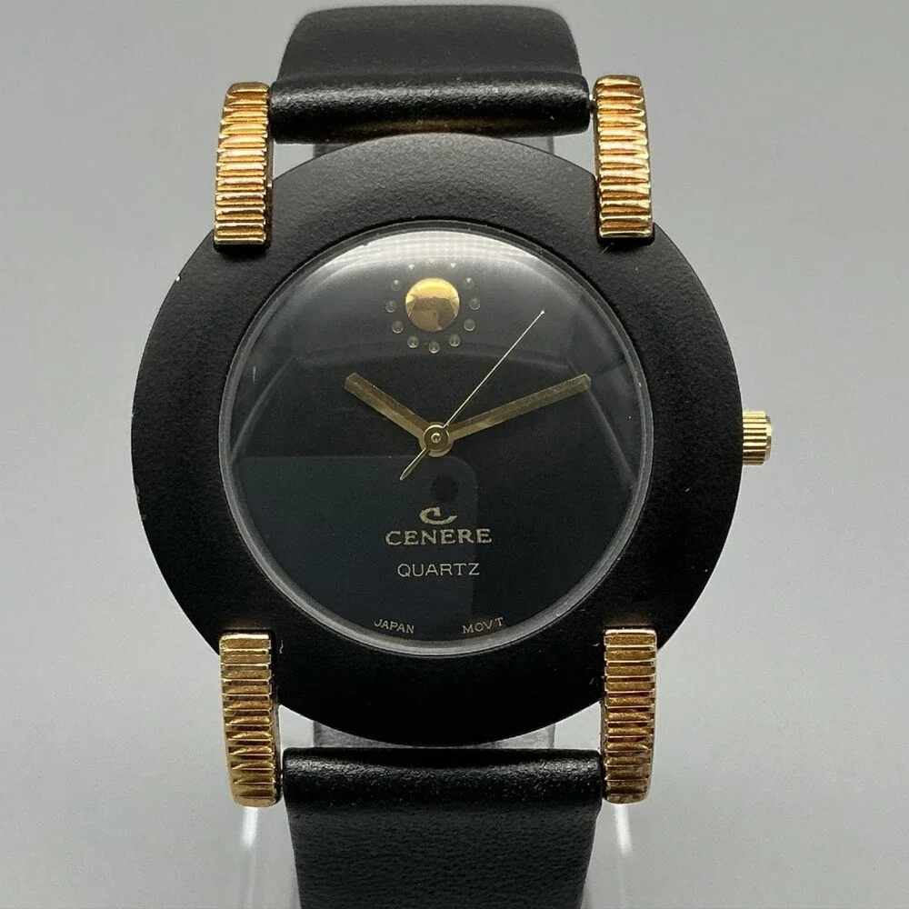 Vintage Cenere Mens Watch 34mm Black Dial Gold Tone Lugs Leather New Battery